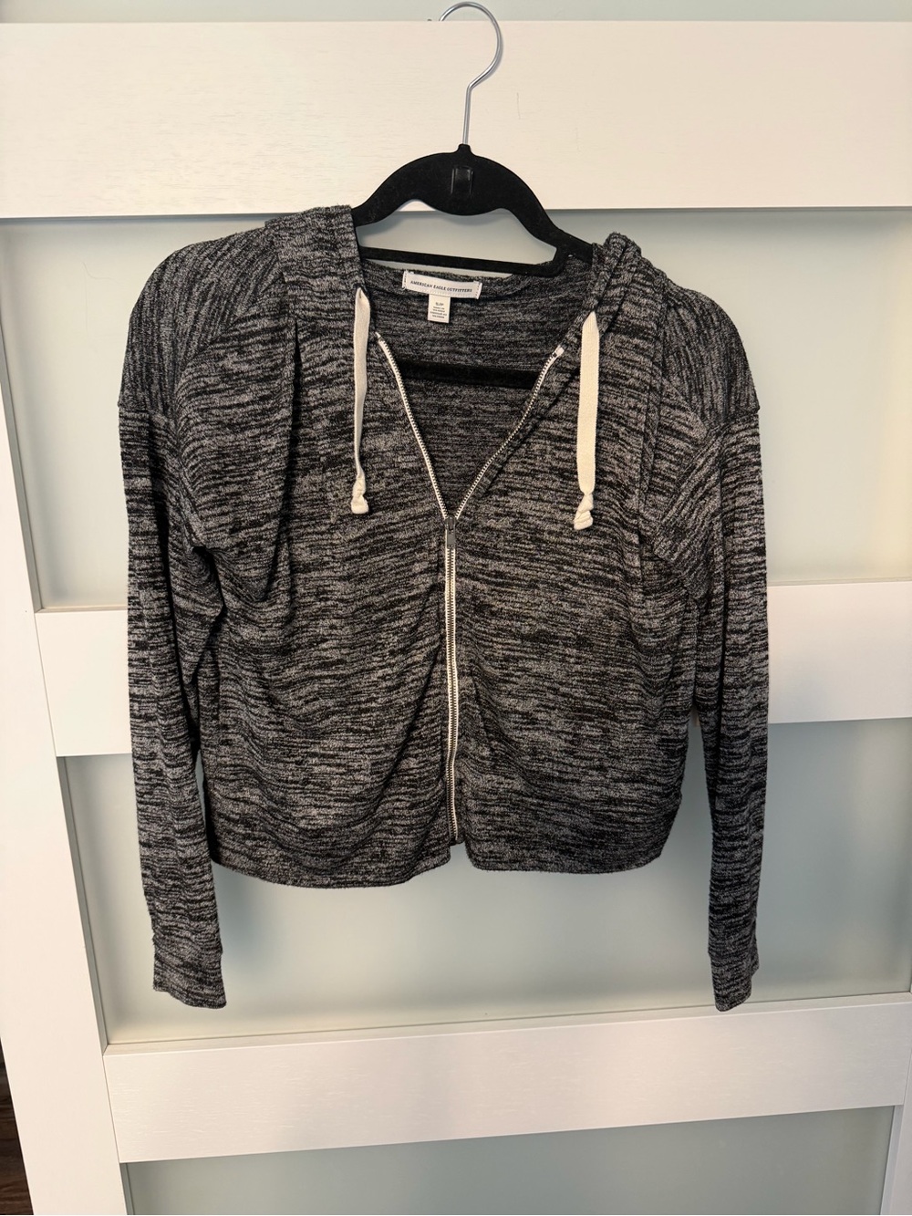 American Eagle Outfitters Black Heather Zip Hoodie with Cream Drawstrings